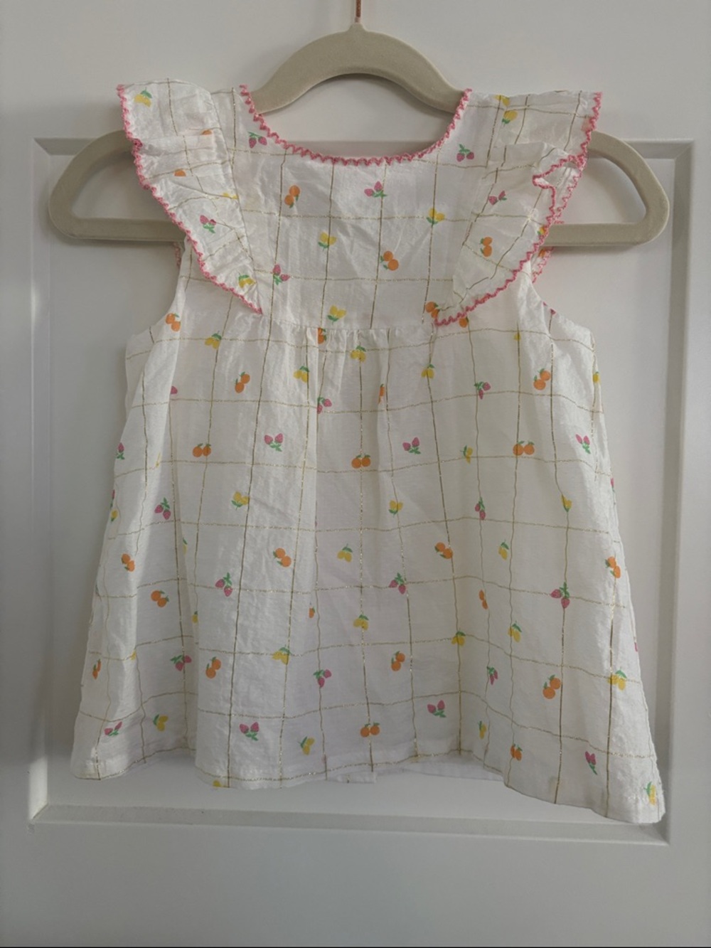 Little Me White Ruffled Cherry Fruit Print Toddler Shirt with Pink Trim